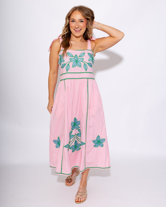 Embroidered Tie Strap Flowing Midi Dress - THML - Gaudie & Co. Texas Boutique