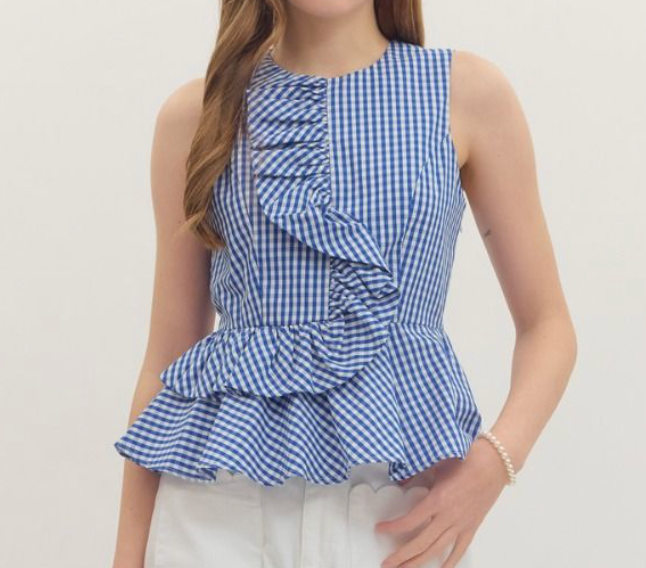 Flirty Gingham Peplum Top in Blue