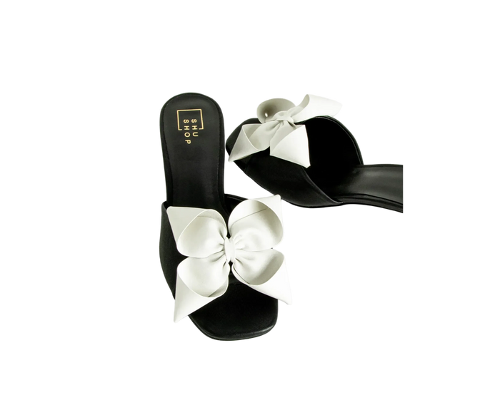Flora Bow Sandal Heel in Black/White