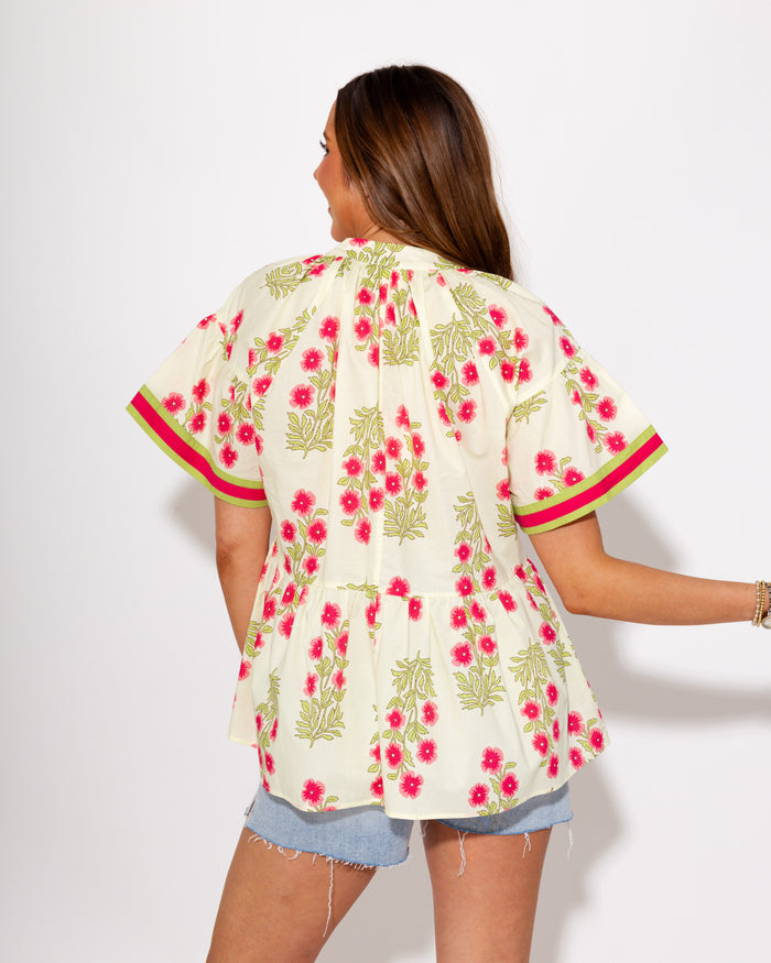 Floral Contrast Babydoll Top in Ecru
