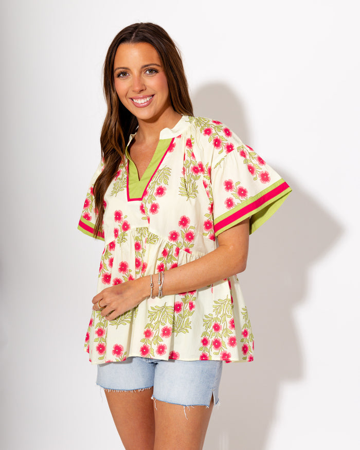 Floral Contrast Babydoll Top in Ecru