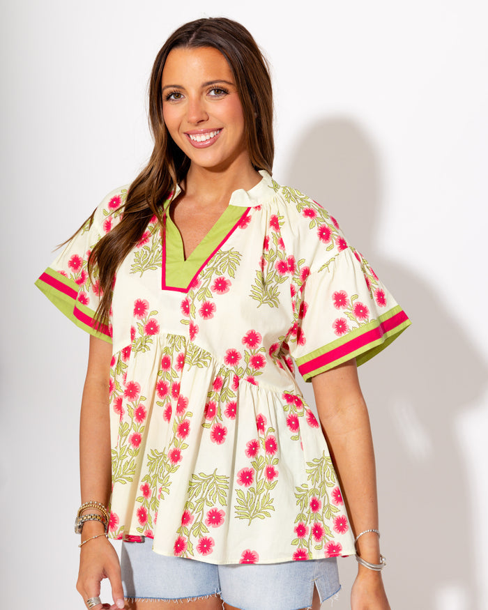Floral Contrast Babydoll Top in Ecru