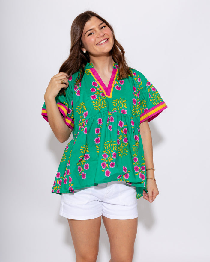 Floral Contrast Babydoll Top in Green