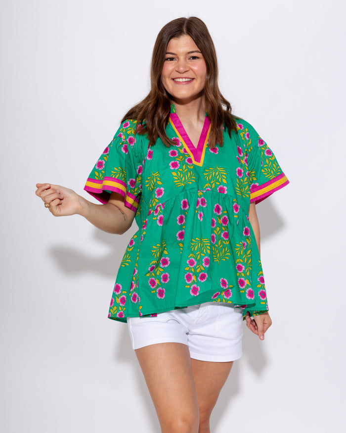 Floral Contrast Babydoll Top in Green