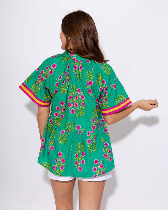 Floral Contrast Babydoll Top in Green