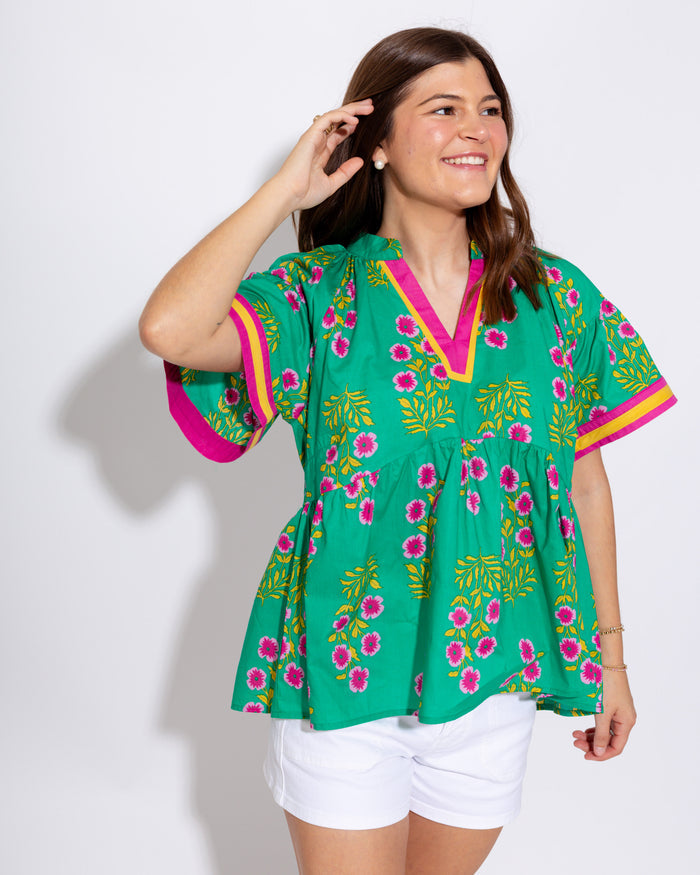 Floral Contrast Babydoll Top in Green