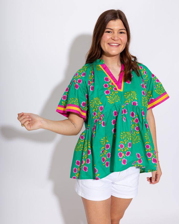 Floral Contrast Babydoll Top in Green