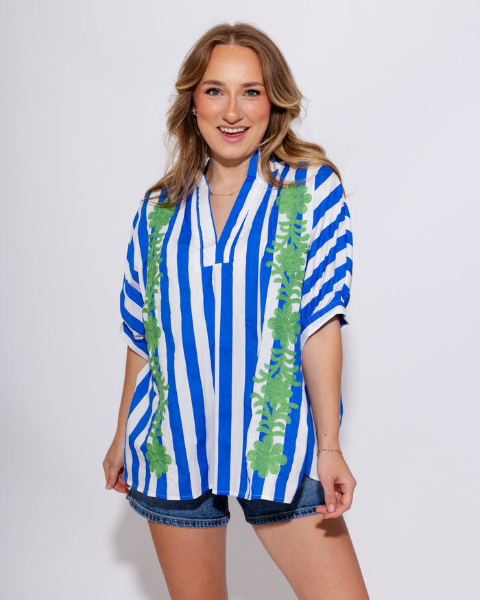 Floral Embroidered Stripe Top in Blue