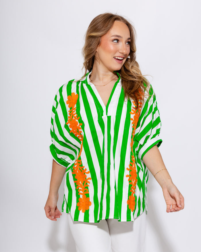 Floral Embroidered Stripe Top in Green