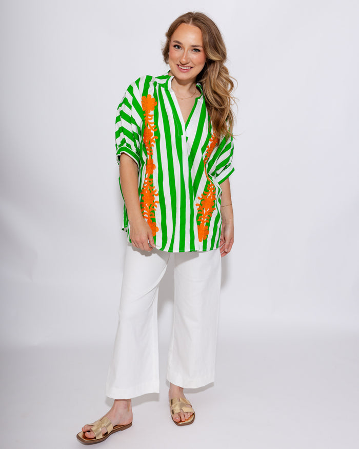 Floral Embroidered Stripe Top in Green