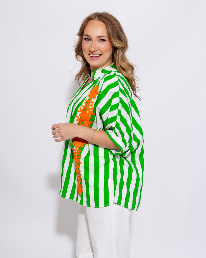 Floral Embroidered Stripe Top in Green
