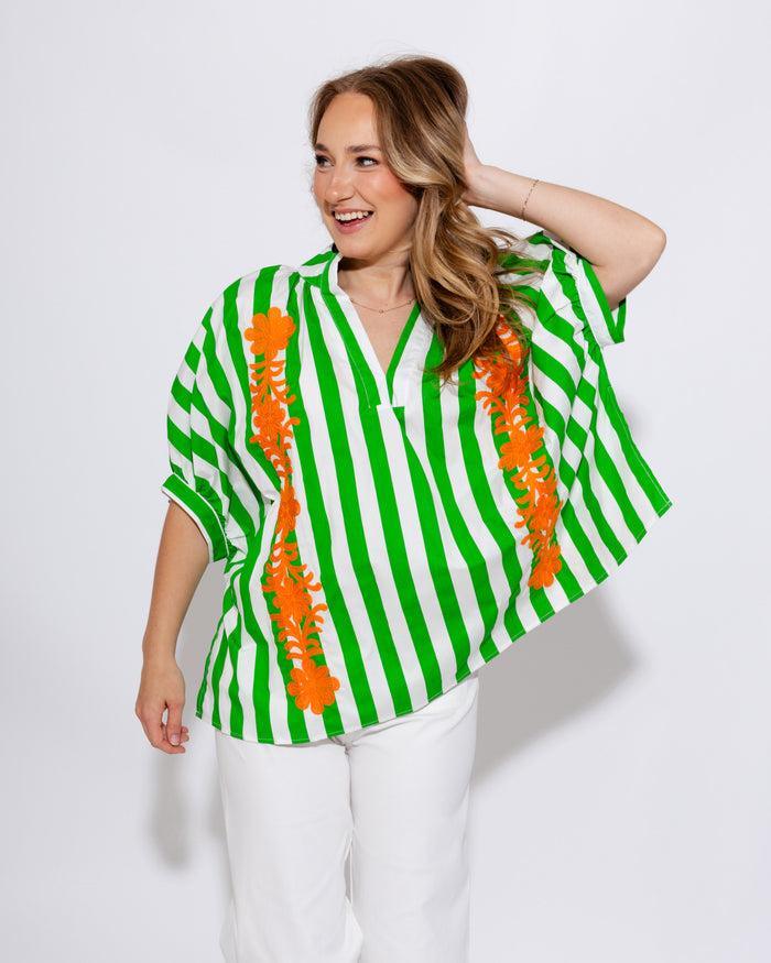Floral Embroidered Stripe Top in Green