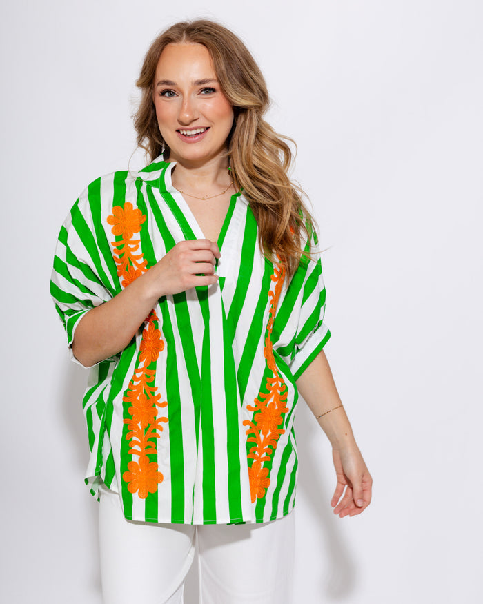Floral Embroidered Stripe Top in Green