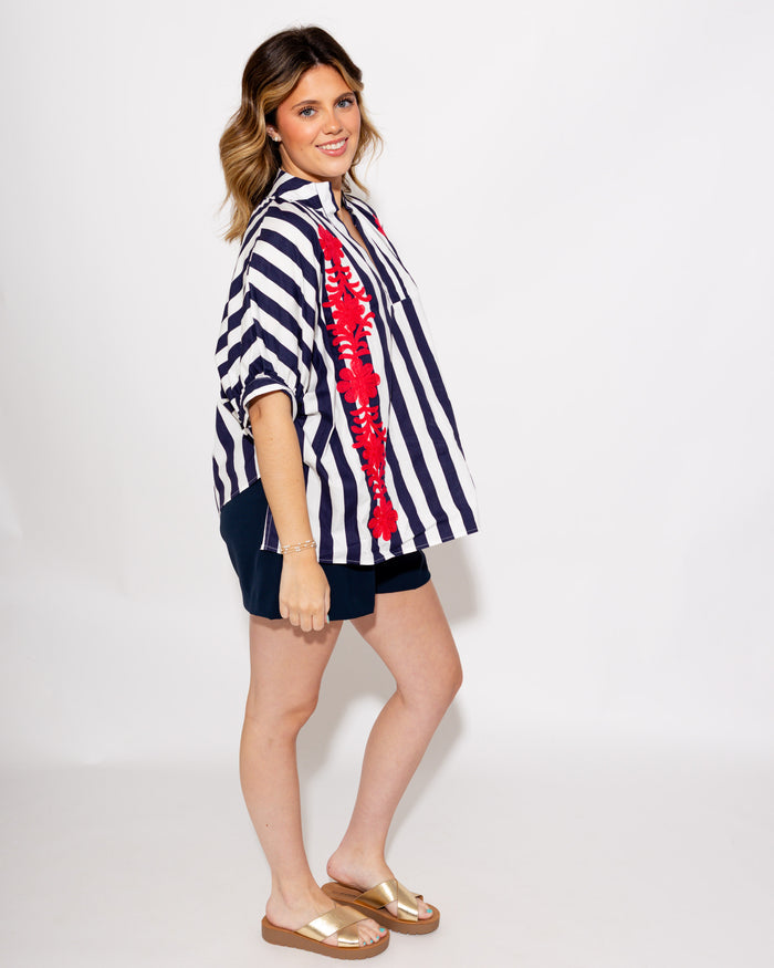 Floral Embroidered Stripe Top in Navy