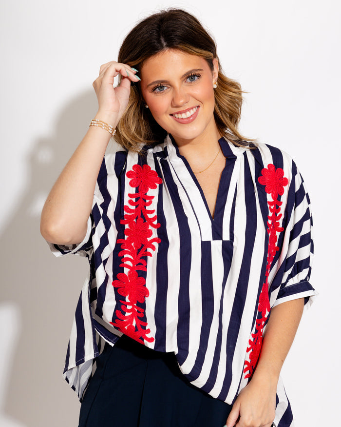 Floral Embroidered Stripe Top in Navy