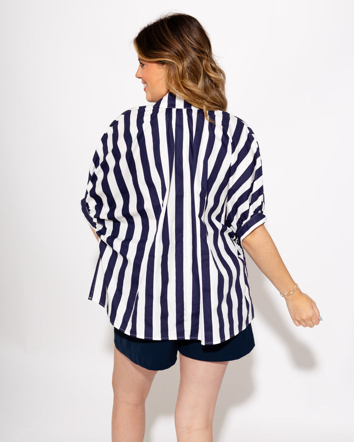 Floral Embroidered Stripe Top in Navy