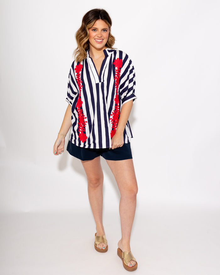 Floral Embroidered Stripe Top in Navy