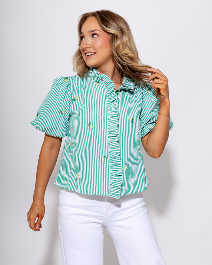 Floral Embroidery Striped Top