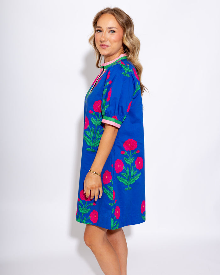 Floral Split Neck Contrast Dress in Blue