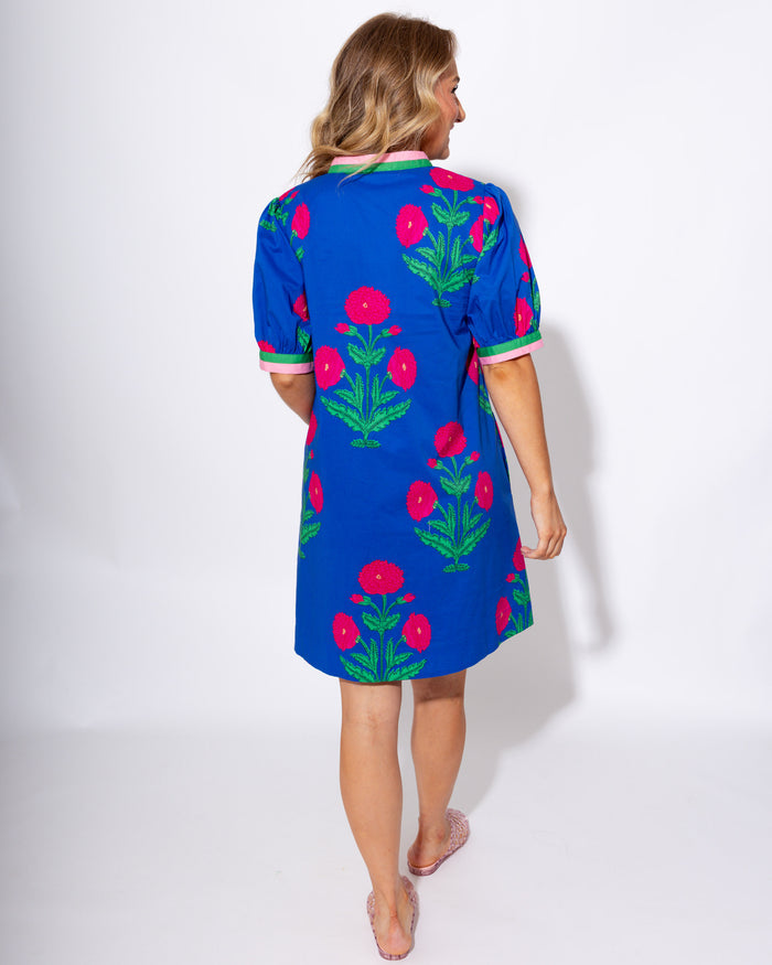 Floral Split Neck Contrast Dress in Blue
