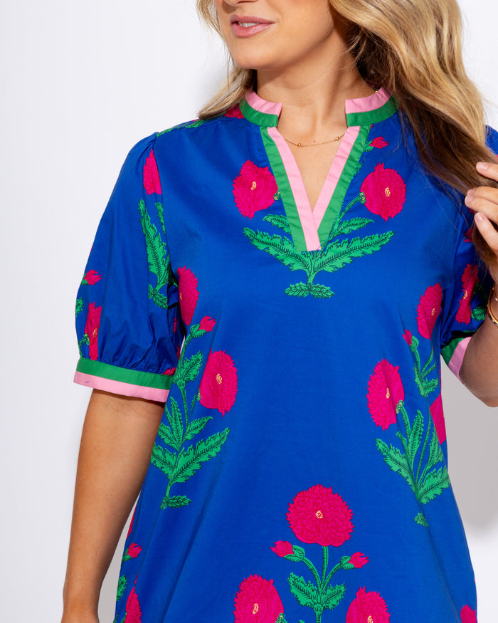 Floral Split Neck Contrast Dress in Blue