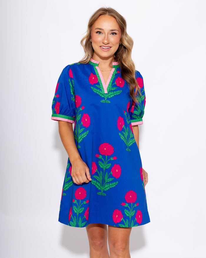Floral Split Neck Contrast Dress in Blue
