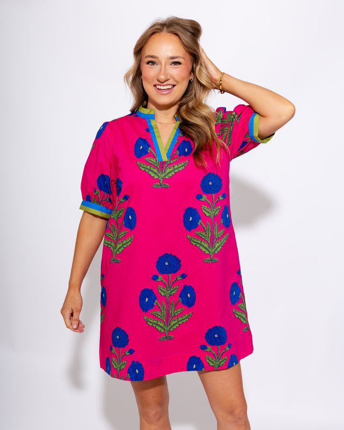 Floral Split Neck Contrast Dress in Hot Pink