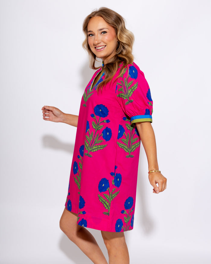 Floral Split Neck Contrast Dress in Hot Pink