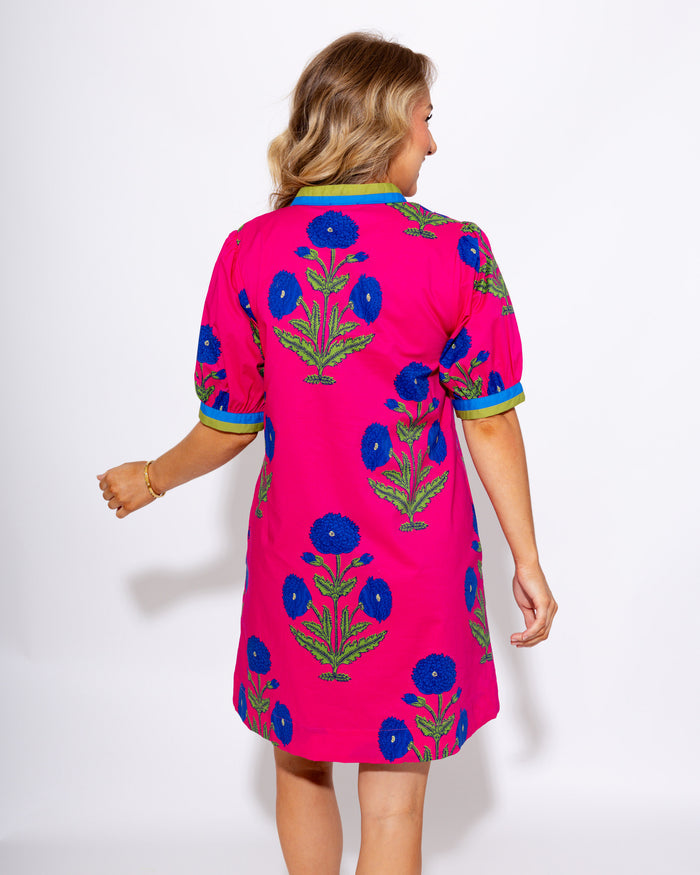 Floral Split Neck Contrast Dress in Hot Pink