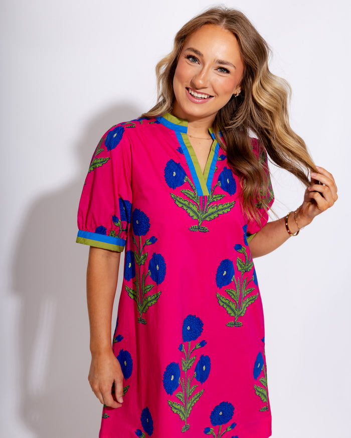 Floral Split Neck Contrast Dress in Hot Pink