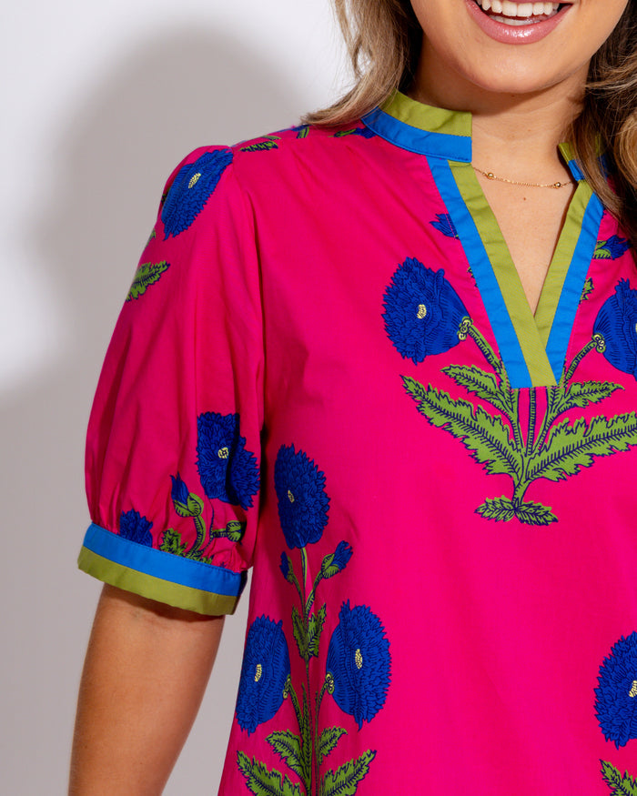 Floral Split Neck Contrast Dress in Hot Pink