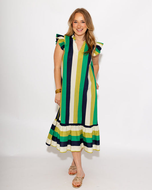 Flutter Sleeve Stripe Midi Dress