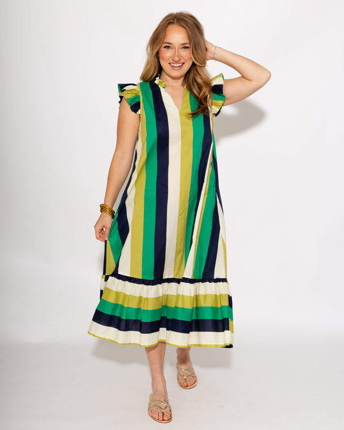 Flutter Sleeve Stripe Midi Dress