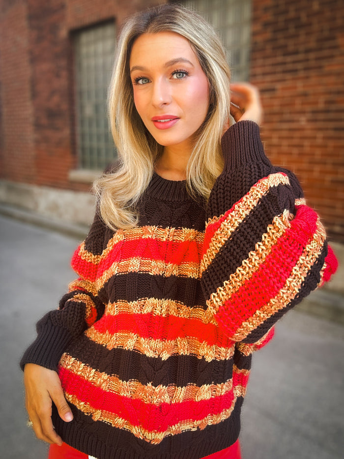 Free People Frankie Cable Stiped Sweater