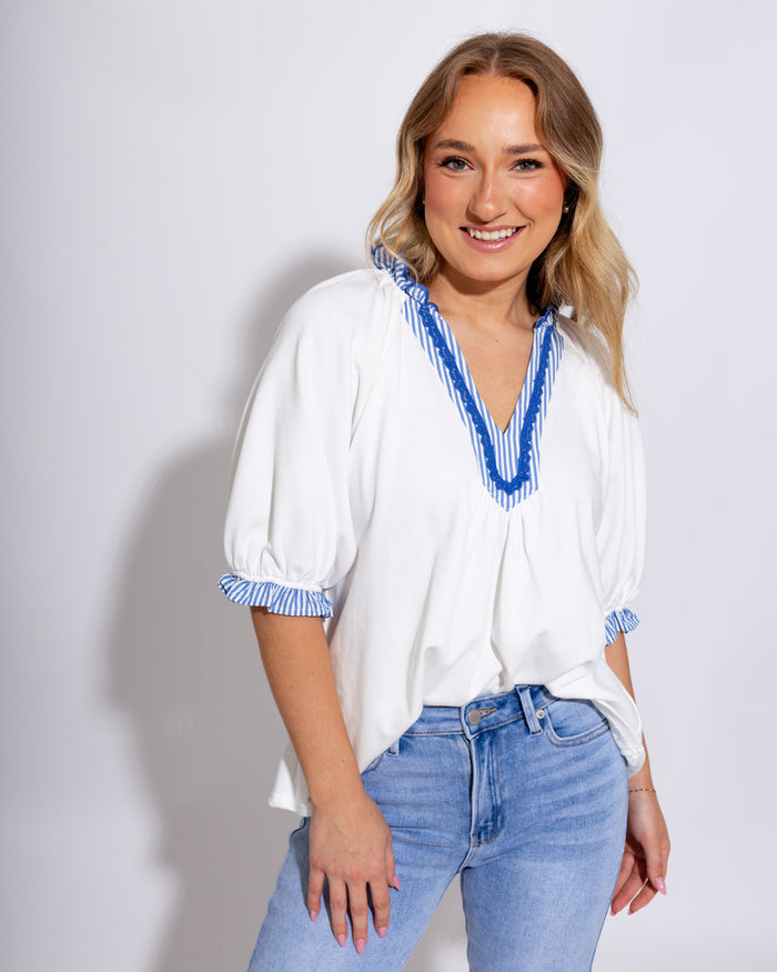 French terry V-neck scalloped collar top with puff sleeves and ruffle cuffs, women's casual boutique top at Gaudie & Co
