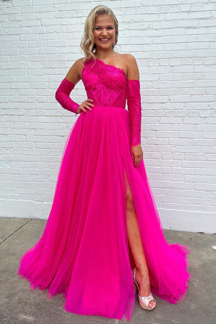 Fuchsia Lace One-Shoulder A-Line Formal Dress with Detachable Sleeves