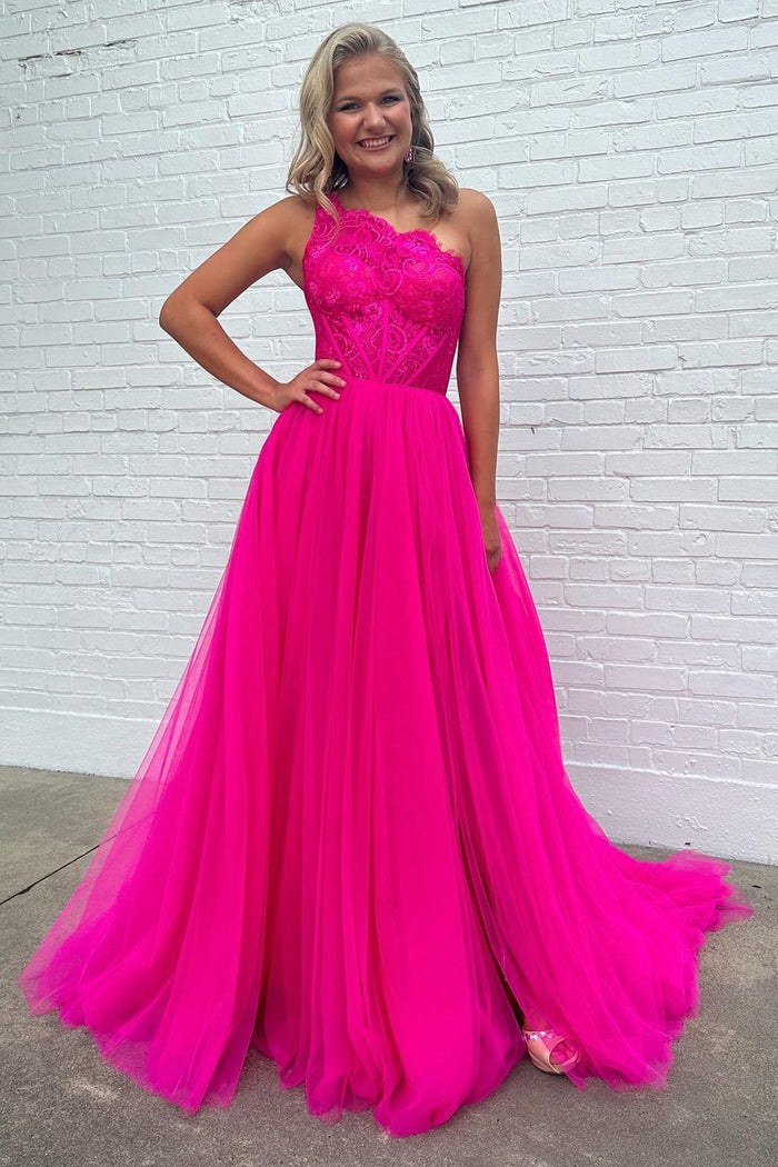Fuchsia Lace One-Shoulder A-Line Formal Dress with Detachable Sleeves