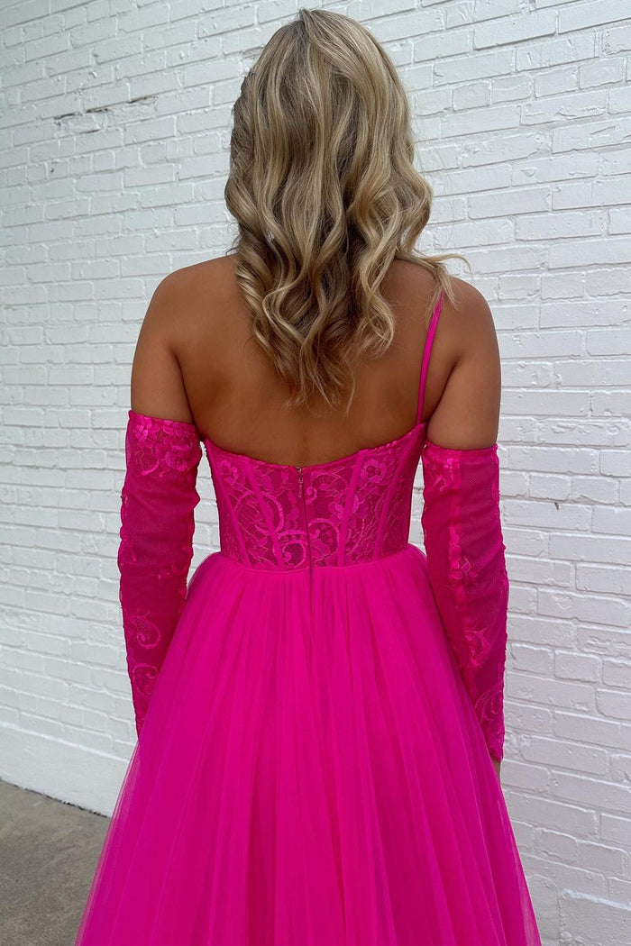 Fuchsia Lace One-Shoulder A-Line Formal Dress with Detachable Sleeves
