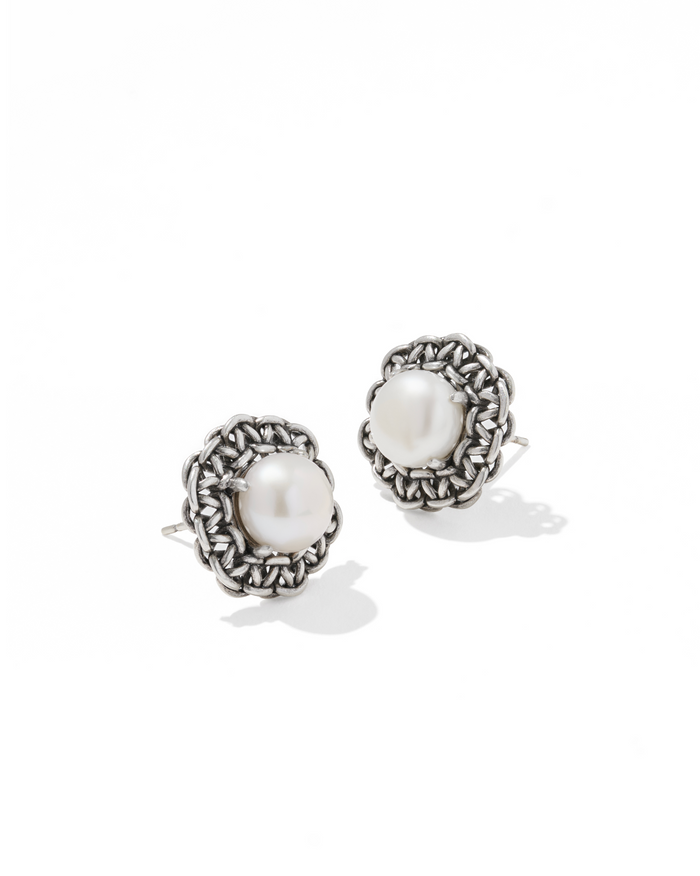 Gabriella Pearl Stud Earrings In Vintage Silver