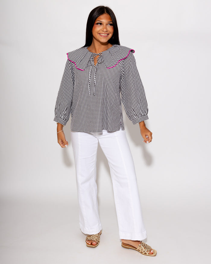 Gingham Pintuck Peasant Top in Black