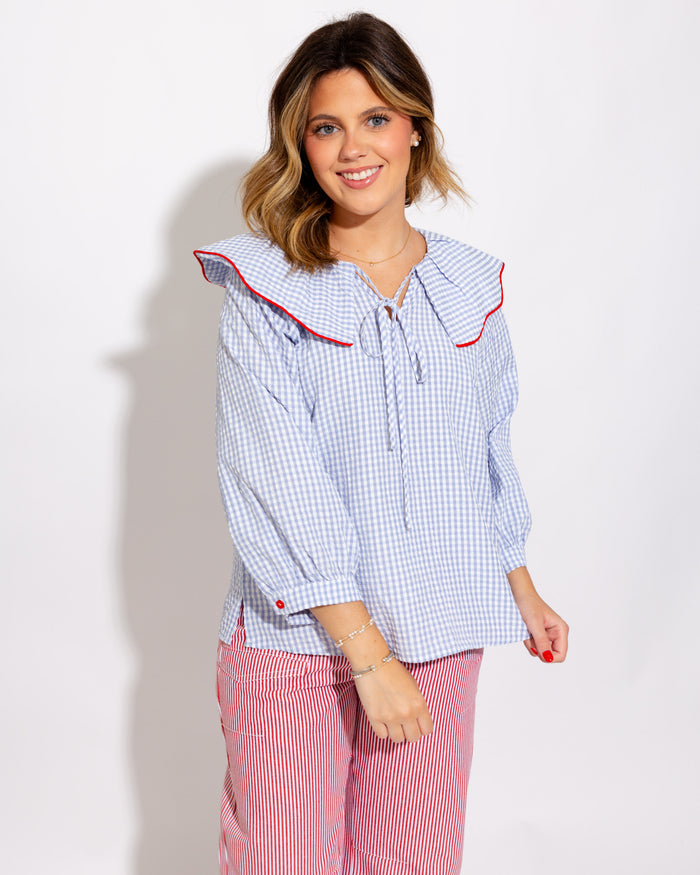 Gingham Pintuck Peasant Top in Blue