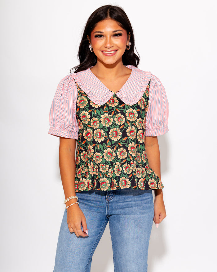 Girly Garden Mixed Print Top in Peach