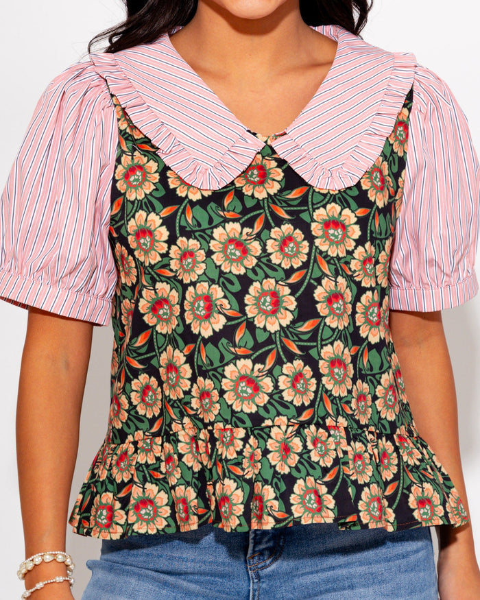 Girly Garden Mixed Print Top in Peach