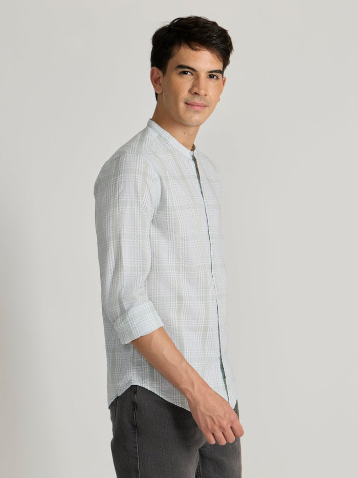 Men's Band Collar Striped Shirt in green