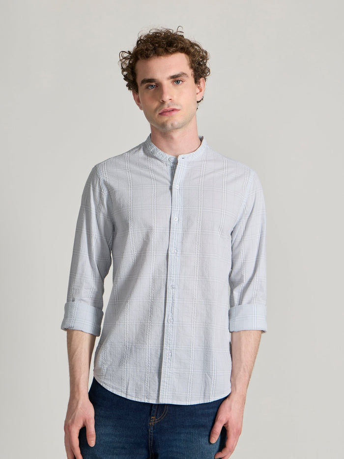 Men's Band Collar Striped Shirt in light green