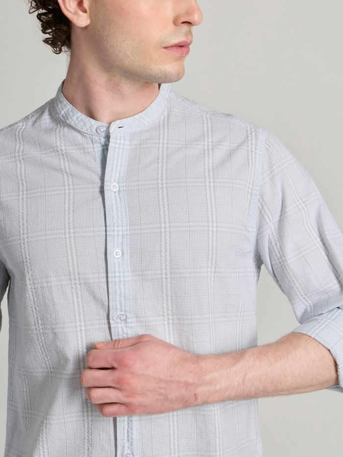 Hadrian - Band Collar Checks Shirt - Light Green