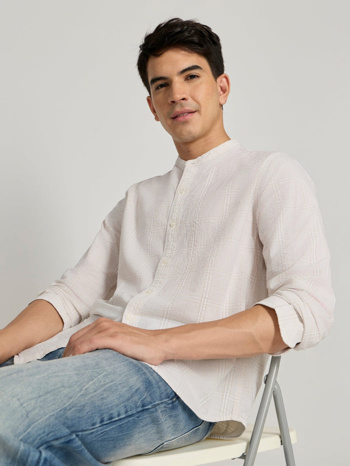 Band Collar Checks Shirt - Light Peach