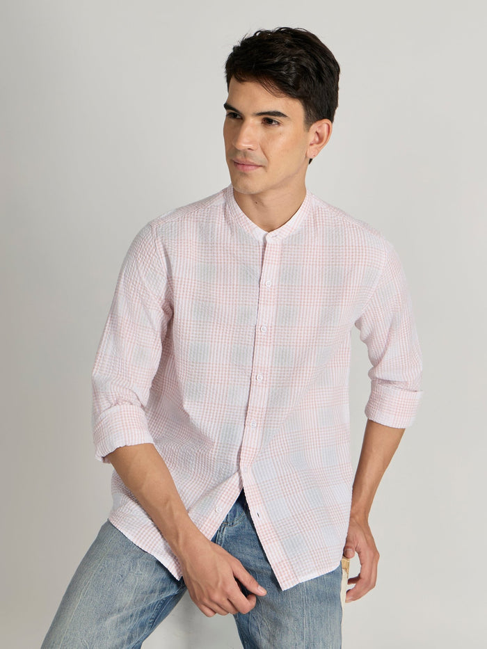 Men's Band Collar Checks Shirt in light pink