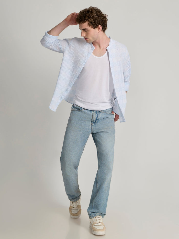 Band Collar Checks Shirt - sky blue