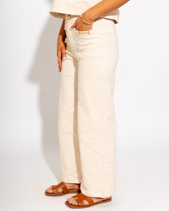Horsebit Hardware Wide Leg Pants in Ecru
